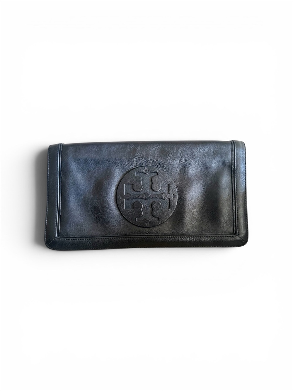 Tory Burch Bombe Reva Black Leather Logo Fold Over Clutch/Crossbody